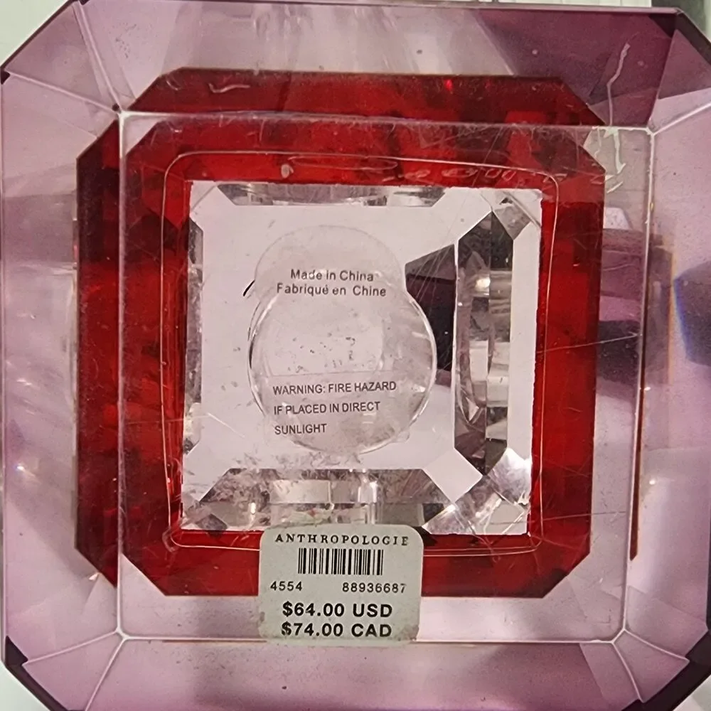 Anthropologie Crystal Cut Glass Vase Clear Pink 2Pc Set Stacked Footed Square